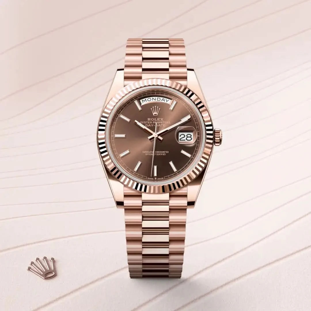 rolex day-date in 18 ct everose gold, M228235-0053 - henne jewelers