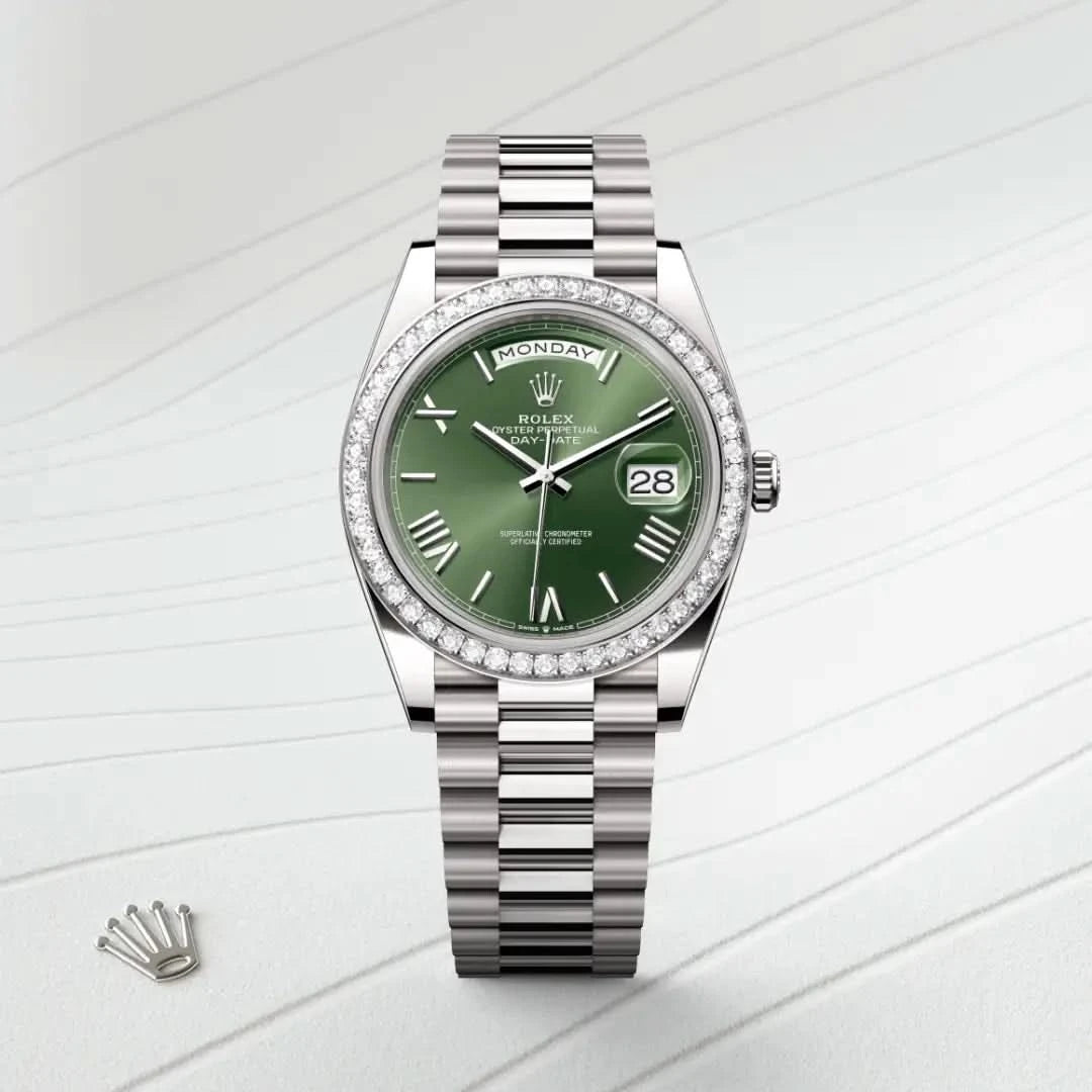 rolex day-date in 18 ct white gold, M228349RBR-0030 - henne jewelers