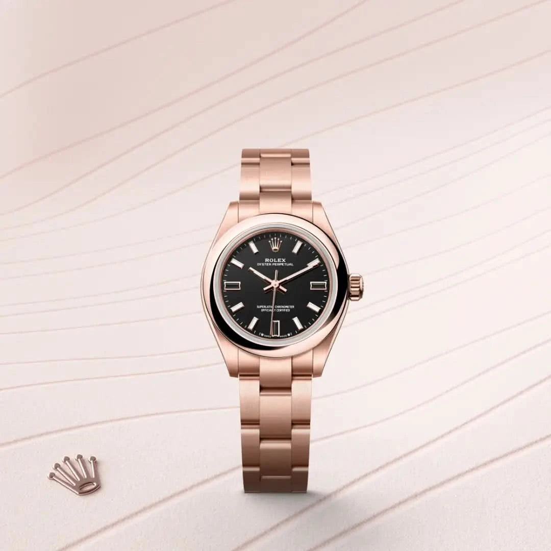 rolex oyster perpetual in 18 ct everose gold, M276205-0001 - henne jewelers