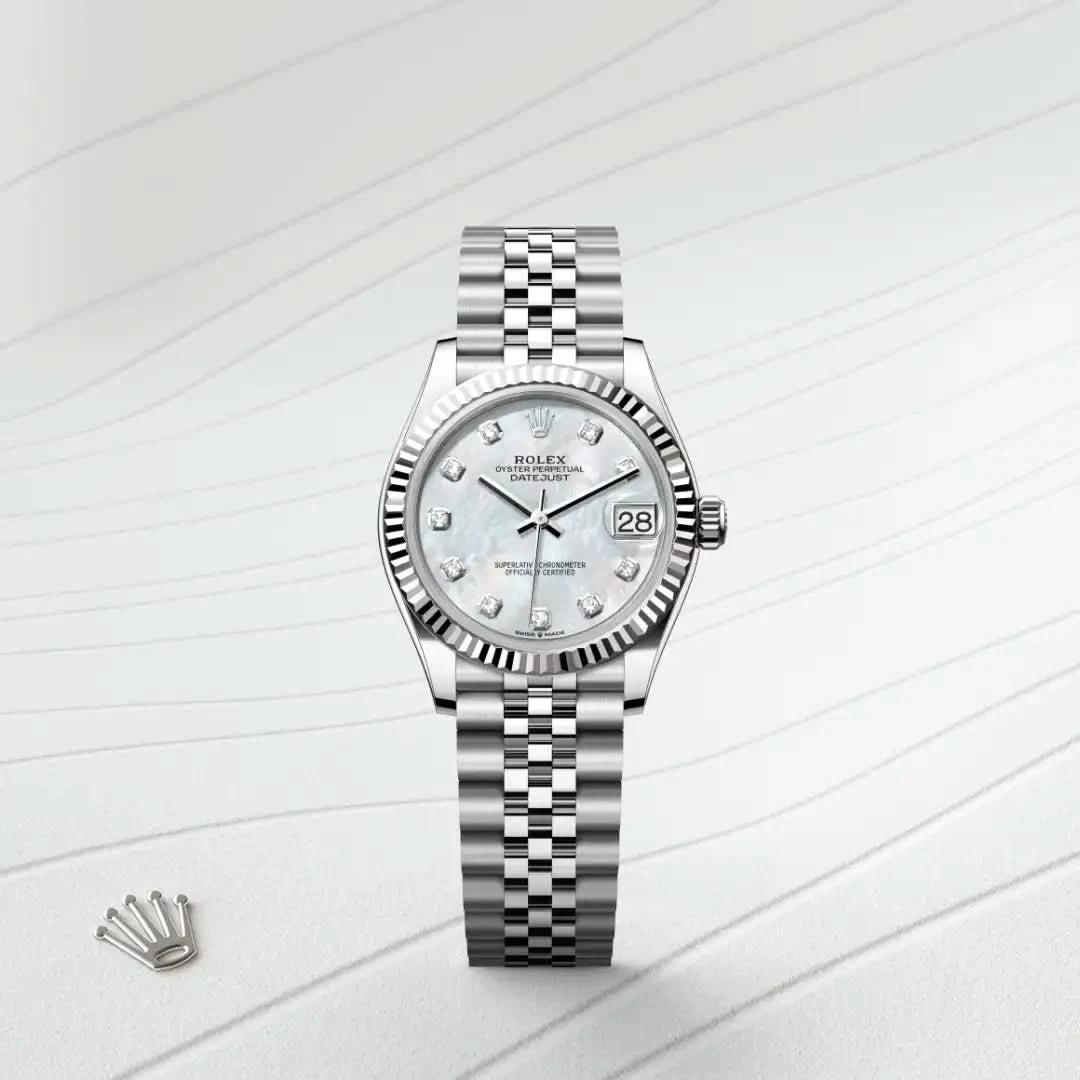 rolex datejust in white rolesor - combination of oystersteel and white gold, M278274-0006 - henne jewelers