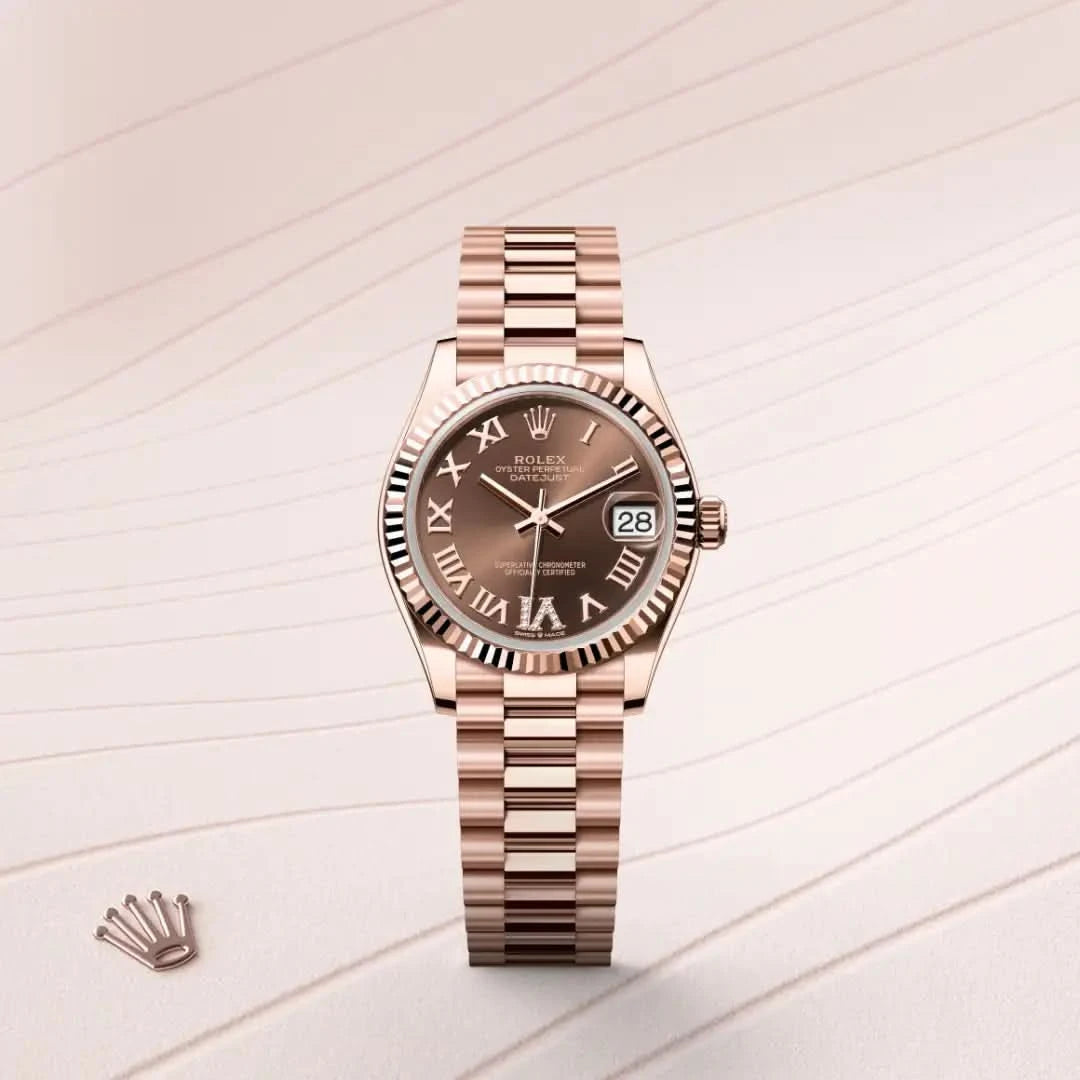 rolex datejust in 18 ct everose gold, M278275-0025 - henne jewelers