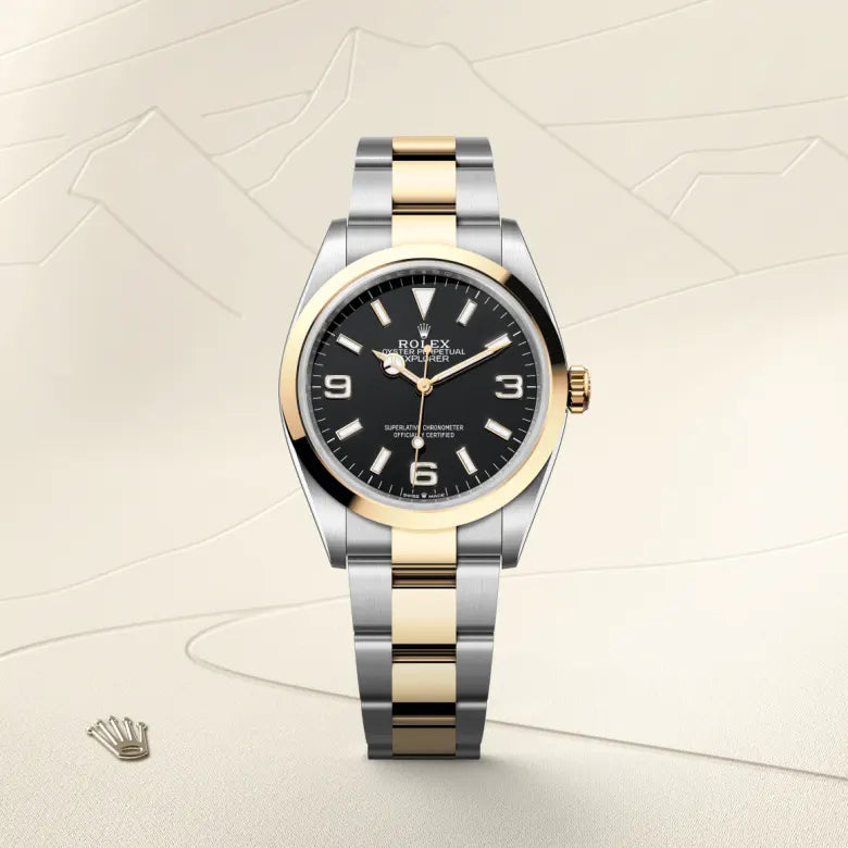 rolex Explorer in Yellow Rolesor - combination of Oystersteel and yellow gold, M124273-0001 - Henne Jewelers