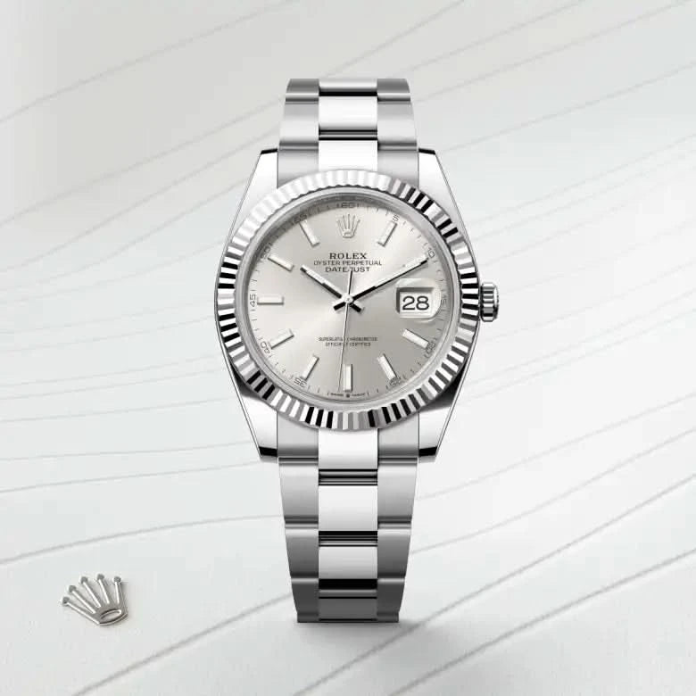 rolex datejust in white rolesor - combination of oystersteel and white gold, M126334-0003 - henne jewelers