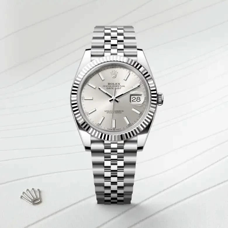 rolex datejust in white rolesor - combination of oystersteel and white gold, M126334-0004 - henne jewelers