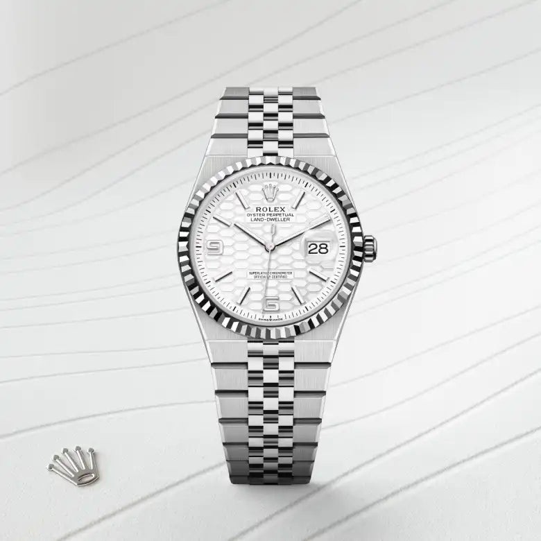 rolex Land-Dweller in White Rolesor - combination of Oystersteel and white gold, M127234-0001 - Henne Jewelers