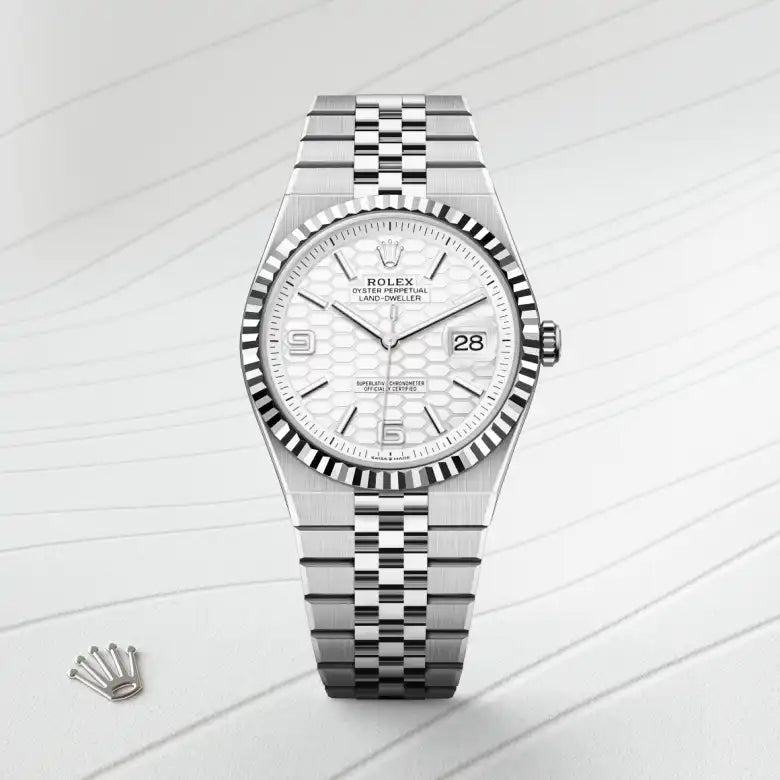 rolex Land-Dweller in White Rolesor - combination of Oystersteel and white gold, M127334-0001 - Henne Jewelers