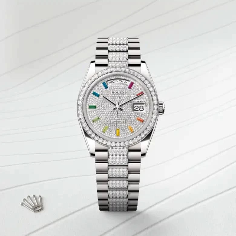 rolex day-date in 18 ct white gold, M128349RBR-0012 - henne jewelers