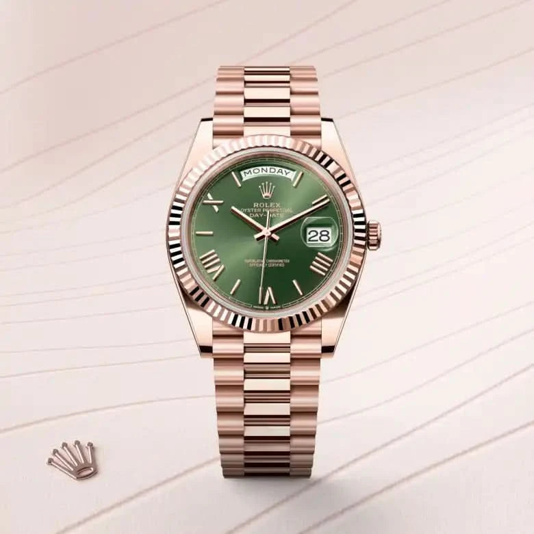 rolex day-date in 18 ct everose gold, M228235-0025 - henne jewelers