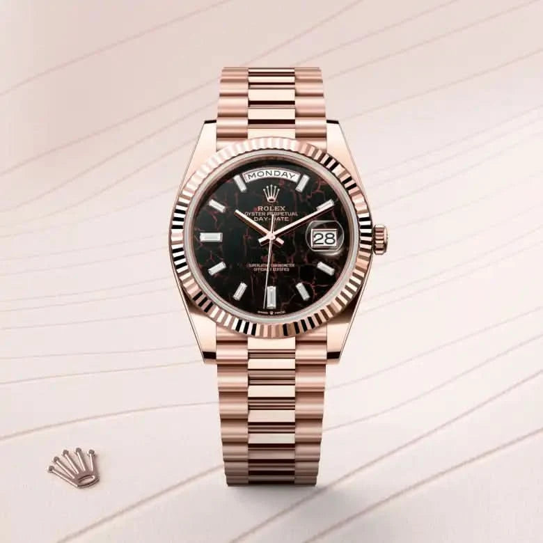 rolex day-date in 18 ct everose gold, M228235-0045 - henne jewelers