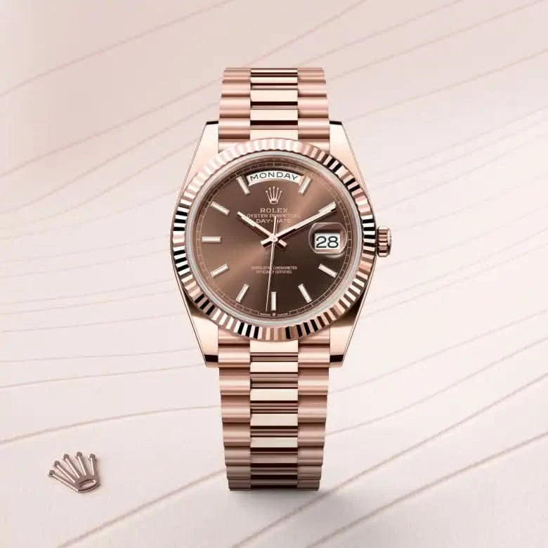 rolex day-date in 18 ct everose gold, M228235-0053 - henne jewelers