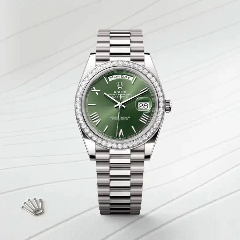 rolex day-date in 18 ct white gold, M228349RBR-0030 - henne jewelers