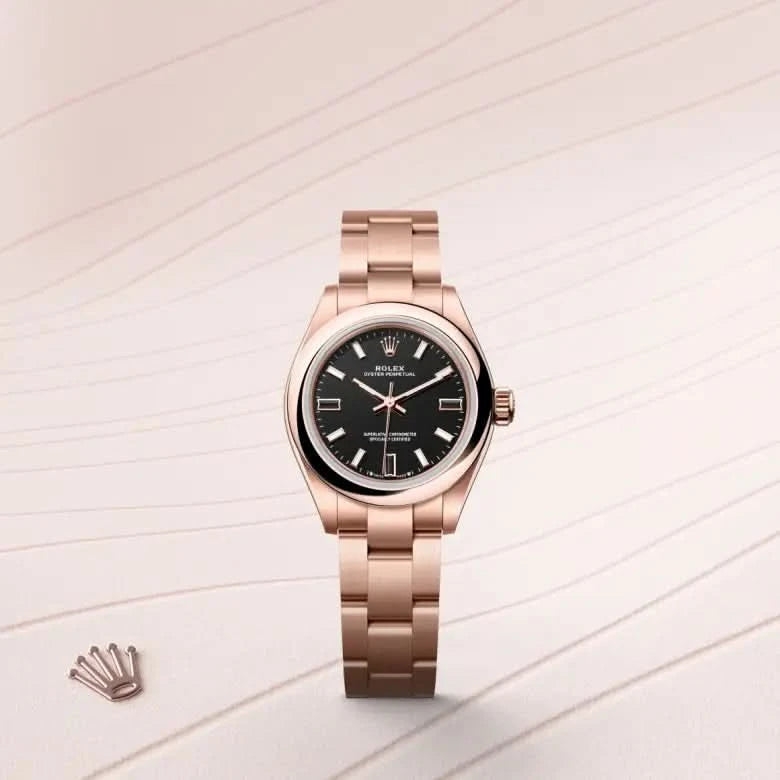 rolex oyster perpetual in 18 ct everose gold, M276205-0001 - henne jewelers