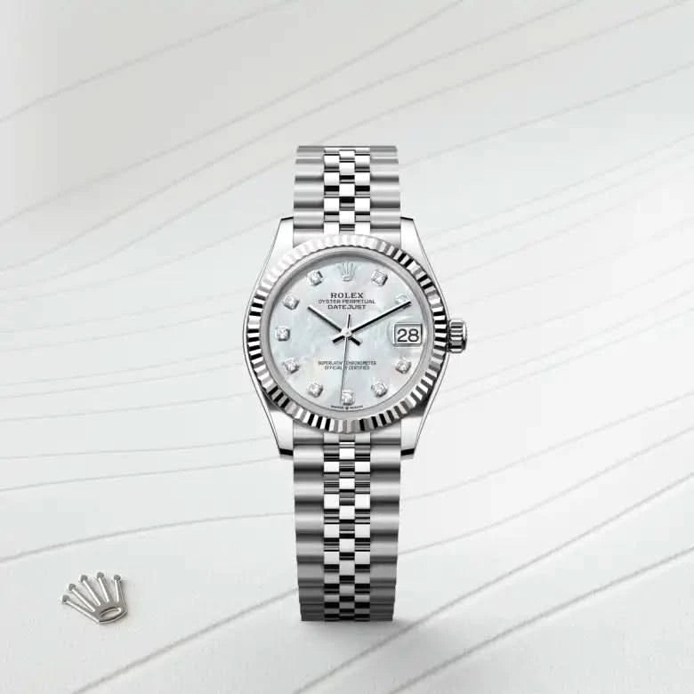 rolex datejust in white rolesor - combination of oystersteel and white gold, M278274-0006 - henne jewelers