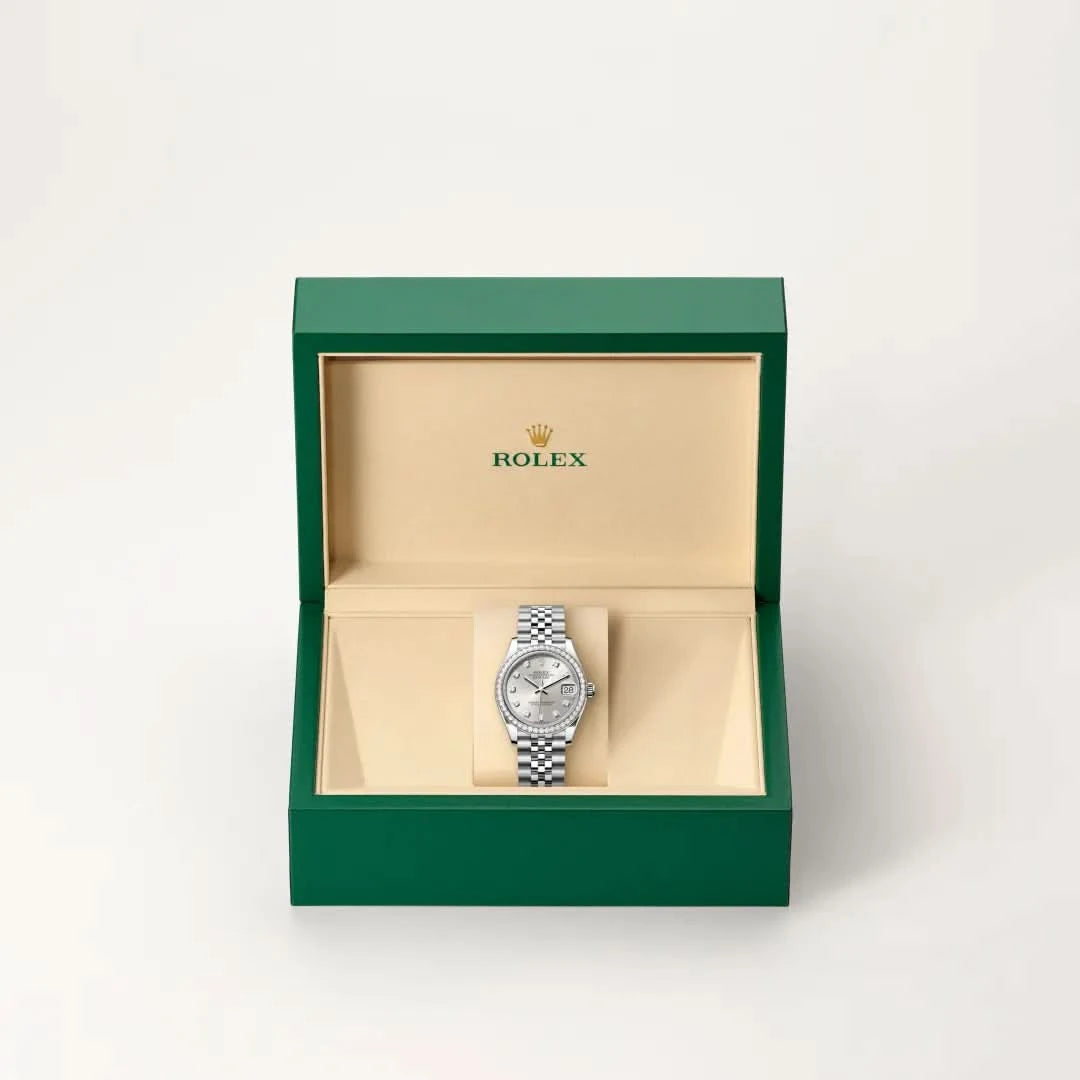 rolex datejust in white rolesor - combination of oystersteel and white gold, M278384RBR-0034 - henne jewelers