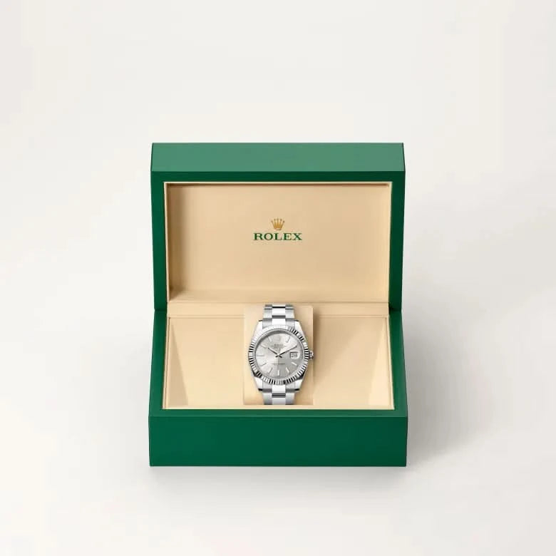 rolex datejust in white rolesor - combination of oystersteel and white gold, M126334-0003 - henne jewelers