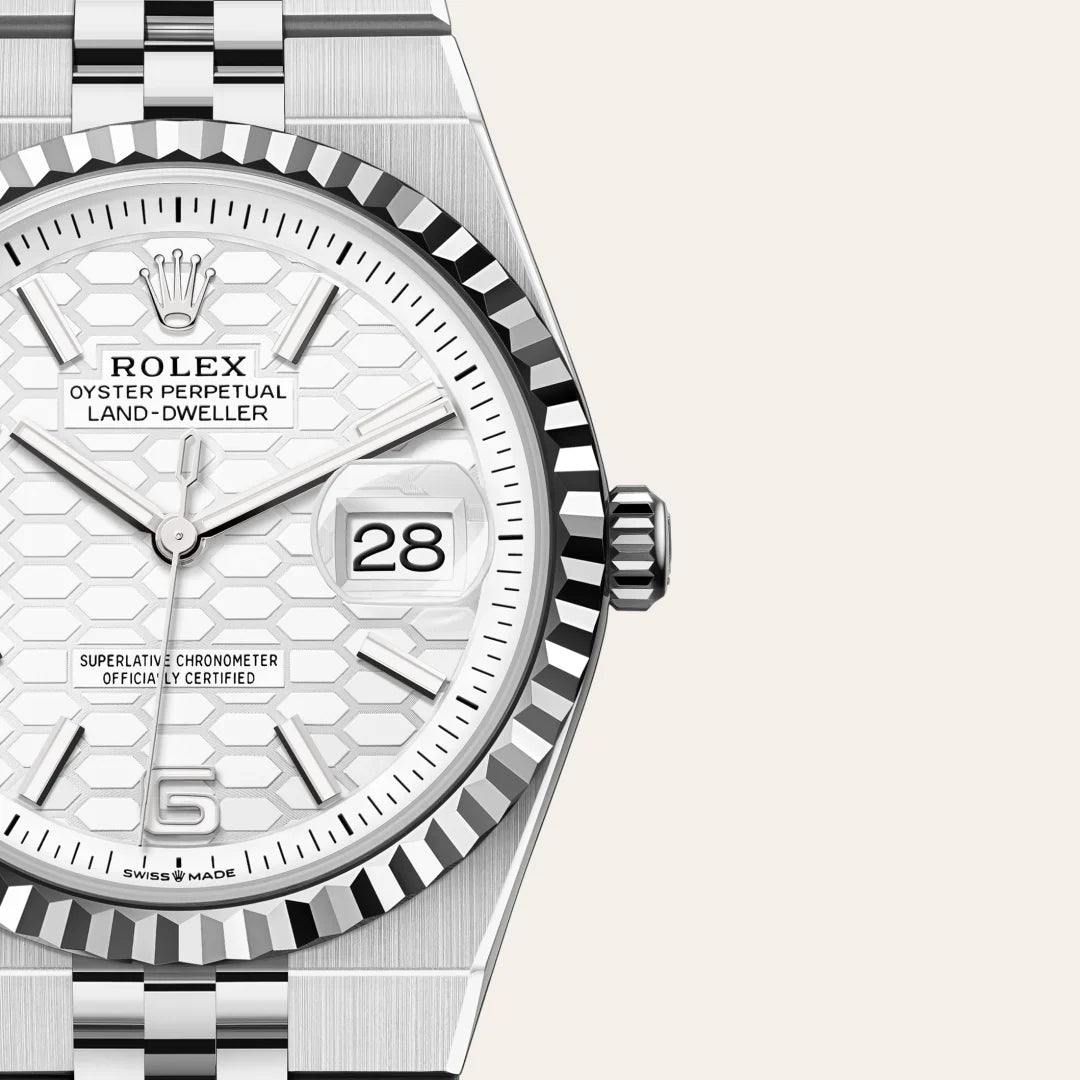 rolex Land-Dweller in White Rolesor - combination of Oystersteel and white gold, M127234-0001 - Henne Jewelers