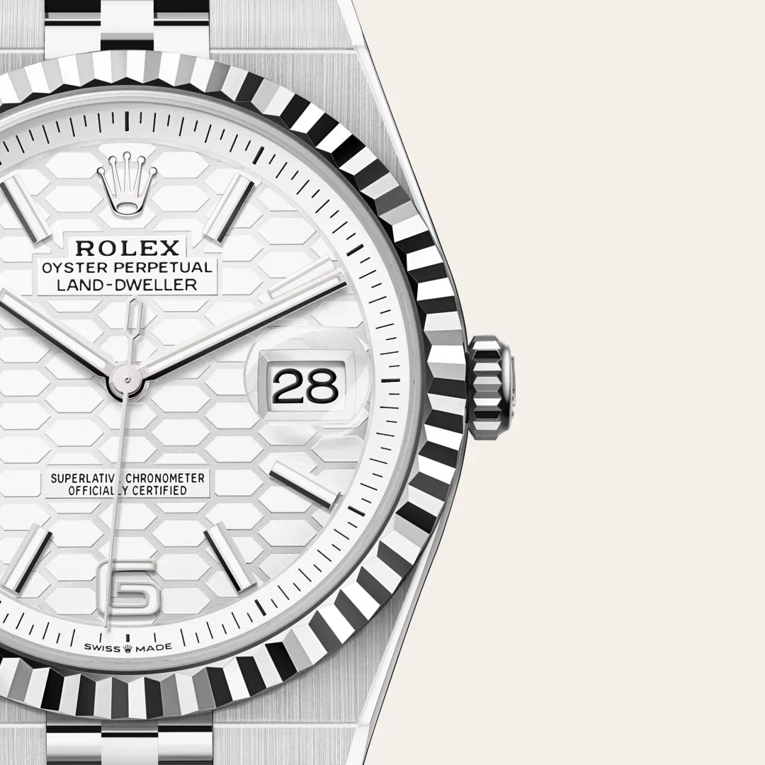 rolex Land-Dweller in White Rolesor - combination of Oystersteel and white gold, M127334-0001 - Henne Jewelers