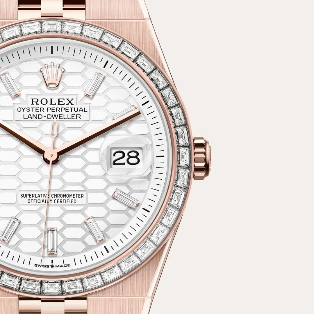 rolex land-dweller in 18 ct everose gold, M127385TBR-0003 - henne jewelers