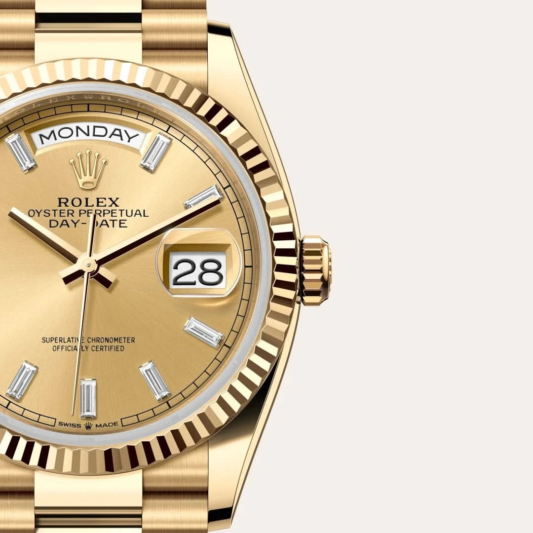 rolex day-date in 18 ct yellow gold, M128238-0132 - henne jewelers