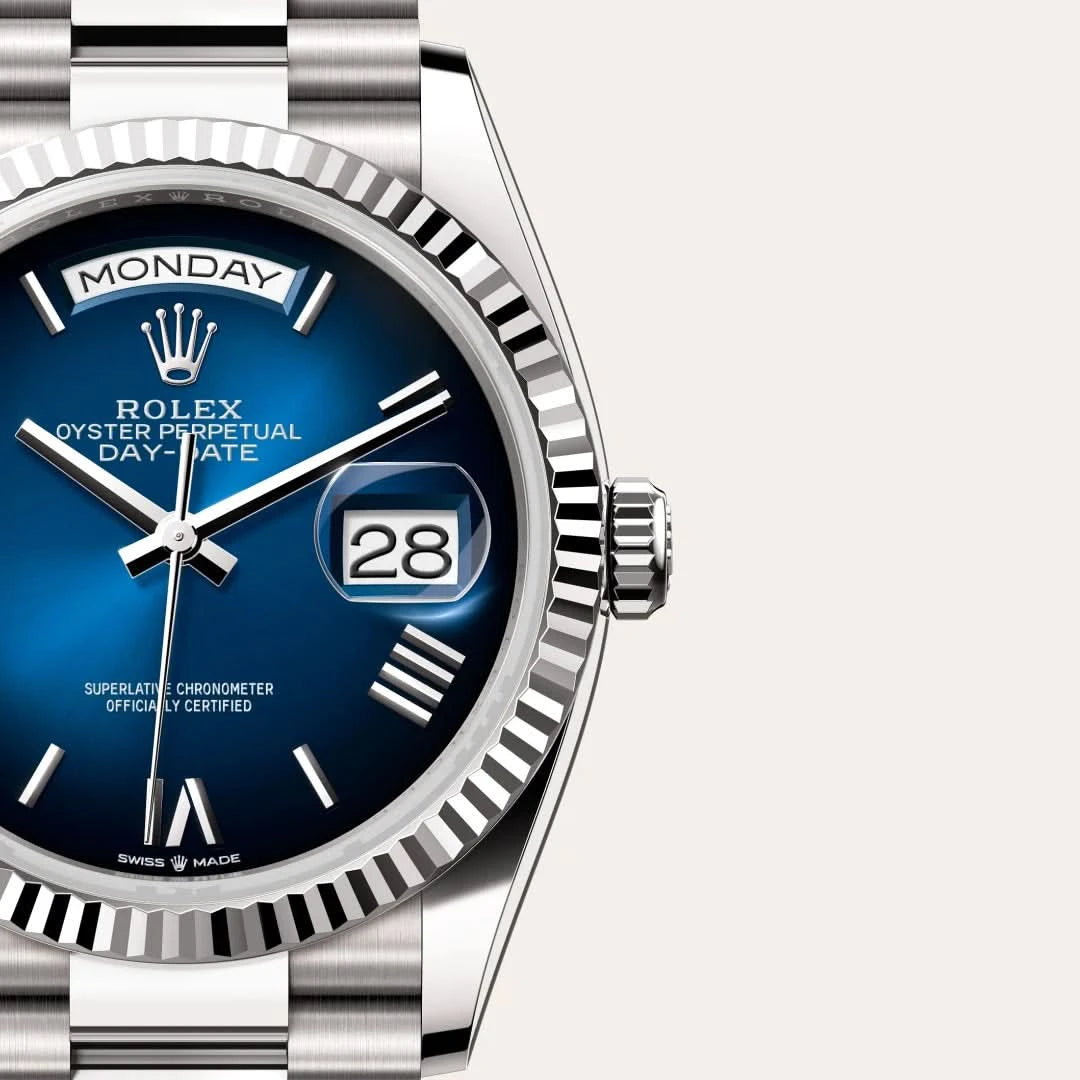 rolex day-date in 18 ct white gold, M128239-0063 - henne jewelers