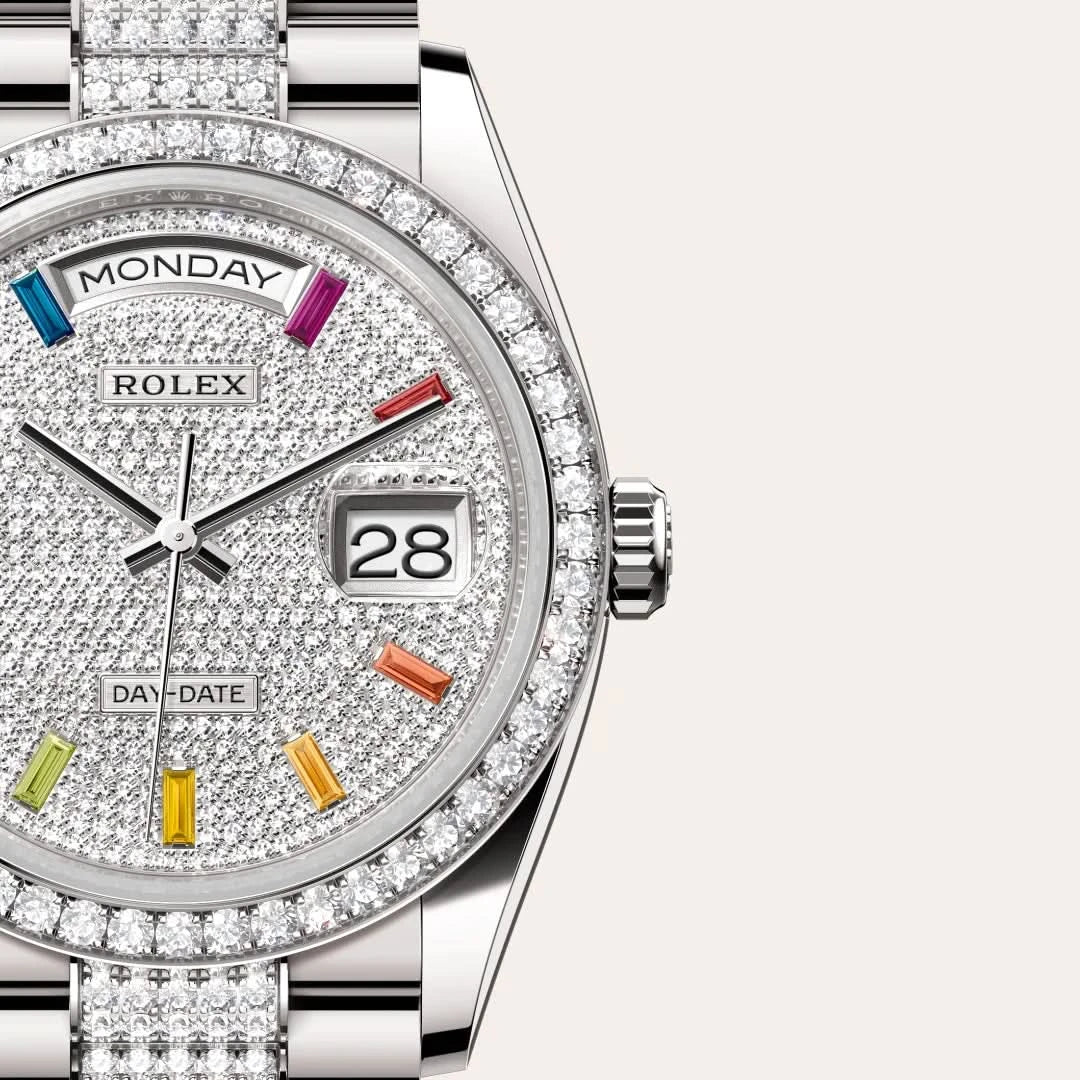 rolex day-date in 18 ct white gold, M128349RBR-0012 - henne jewelers