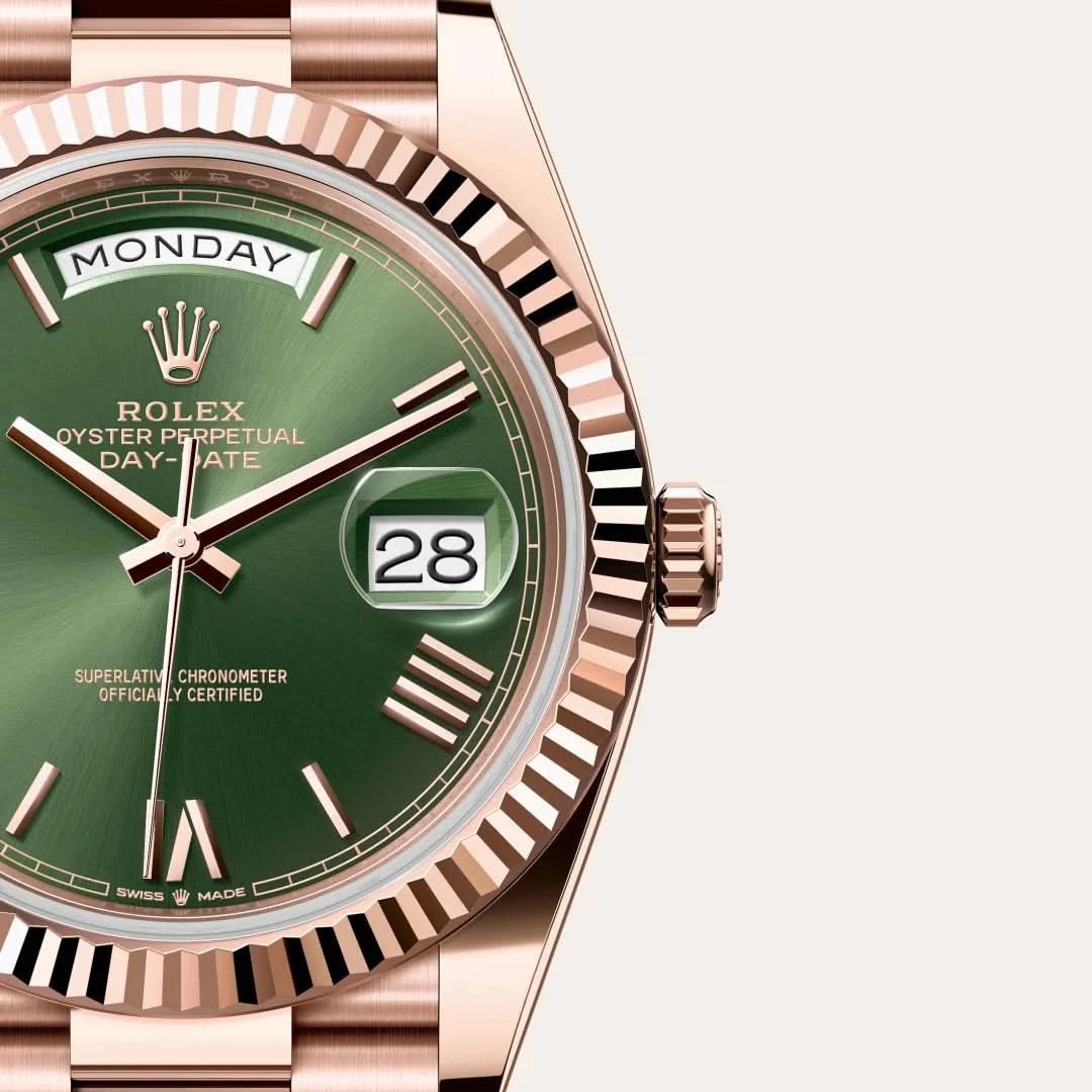 rolex day-date in 18 ct everose gold, M228235-0025 - henne jewelers