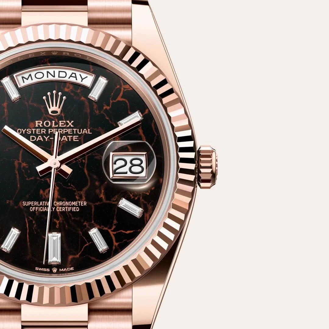 rolex day-date in 18 ct everose gold, M228235-0045 - henne jewelers