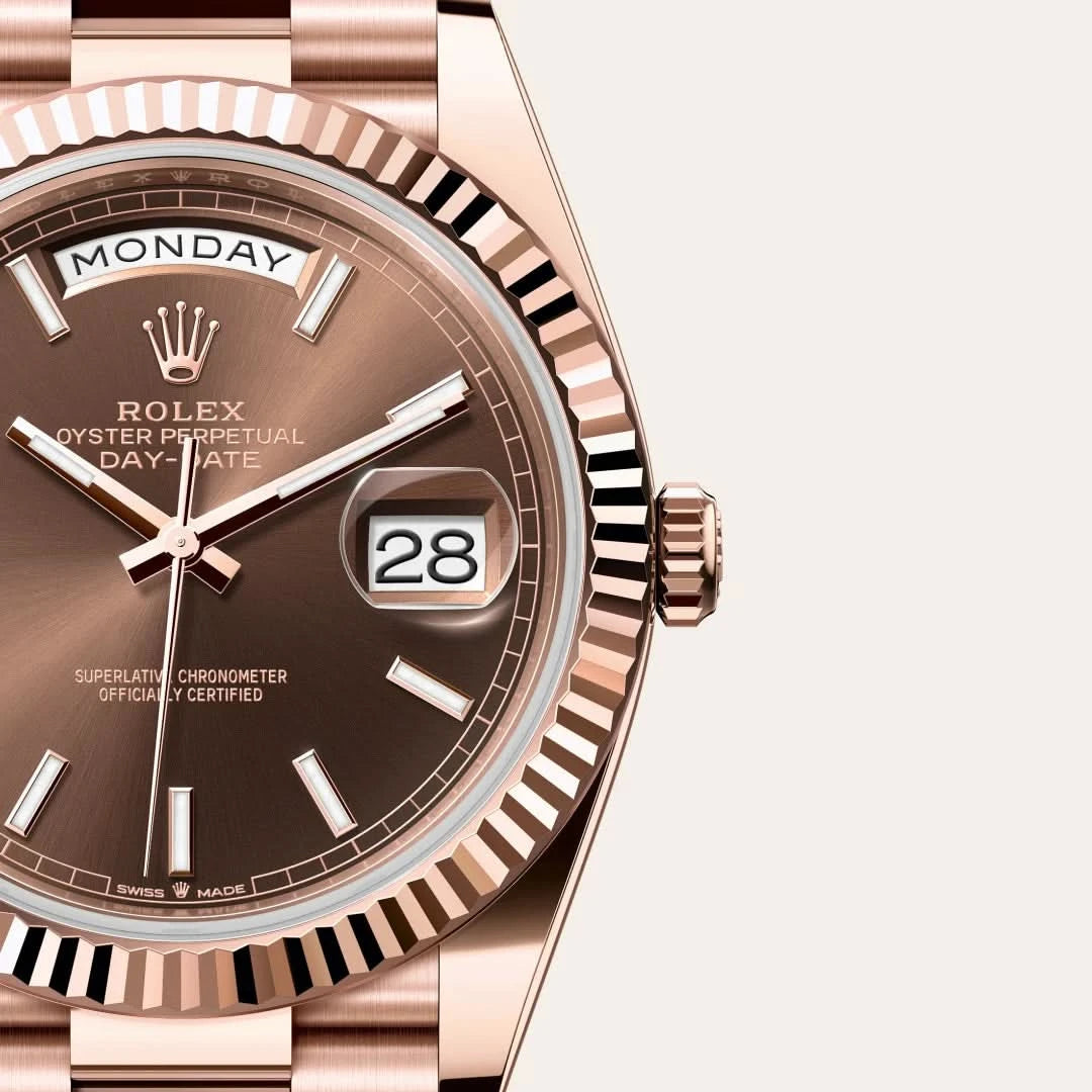 rolex day-date in 18 ct everose gold, M228235-0053 - henne jewelers