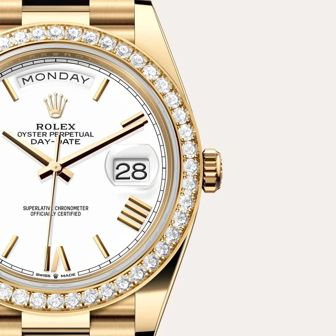 rolex day-date in 18 ct yellow gold, M228348RBR-0034 - henne jewelers