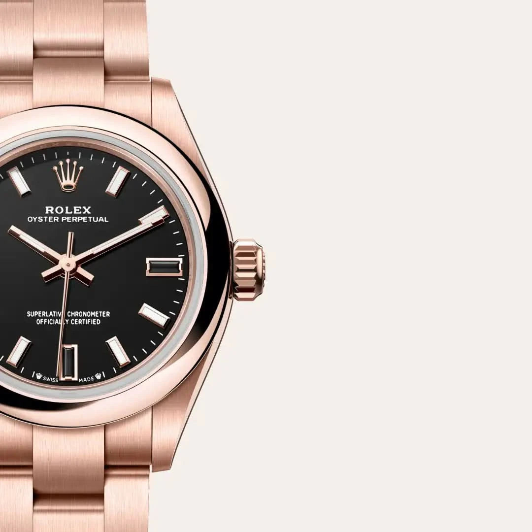 rolex oyster perpetual in 18 ct everose gold, M276205-0001 - henne jewelers