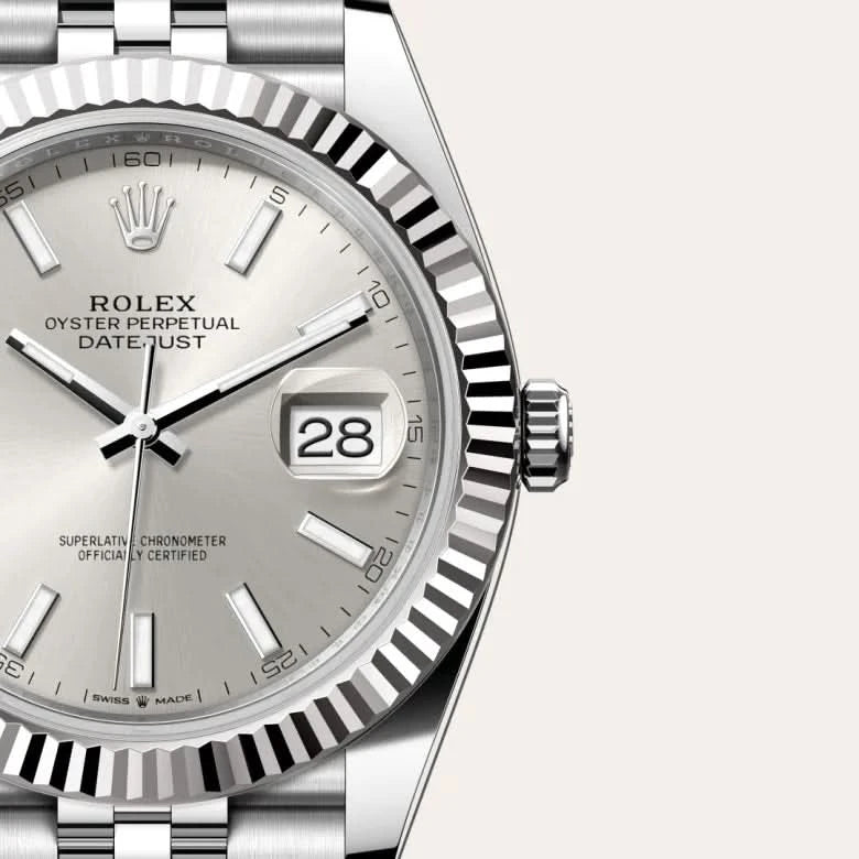 rolex datejust in white rolesor - combination of oystersteel and white gold, M126334-0004 - henne jewelers
