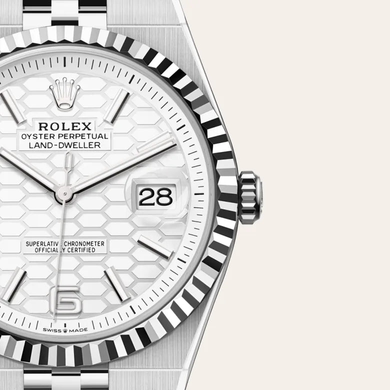 rolex Land-Dweller in White Rolesor - combination of Oystersteel and white gold, M127334-0001 - Henne Jewelers