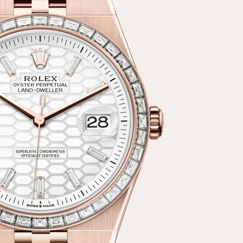 rolex land-dweller in 18 ct everose gold, M127385TBR-0003 - henne jewelers
