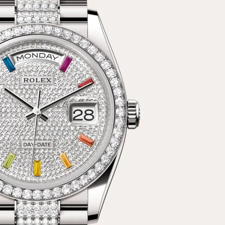 rolex day-date in 18 ct white gold, M128349RBR-0012 - henne jewelers