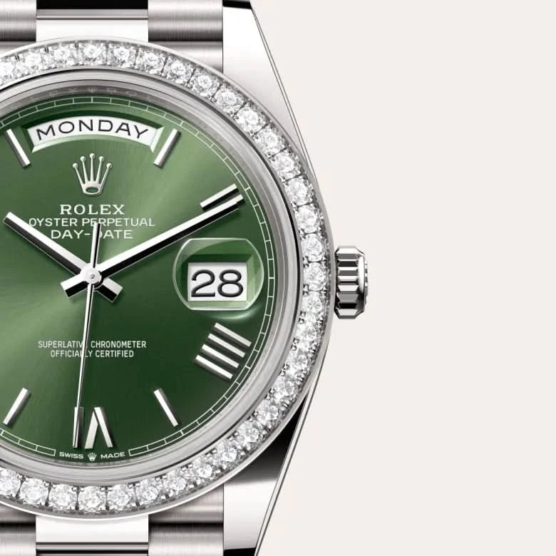 rolex day-date in 18 ct white gold, M228349RBR-0030 - henne jewelers