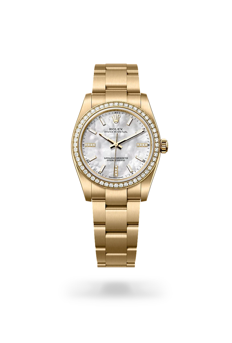 rolex oyster perpetual in 18 ct yellow gold, M124248RBR-0001 - henne jewelers