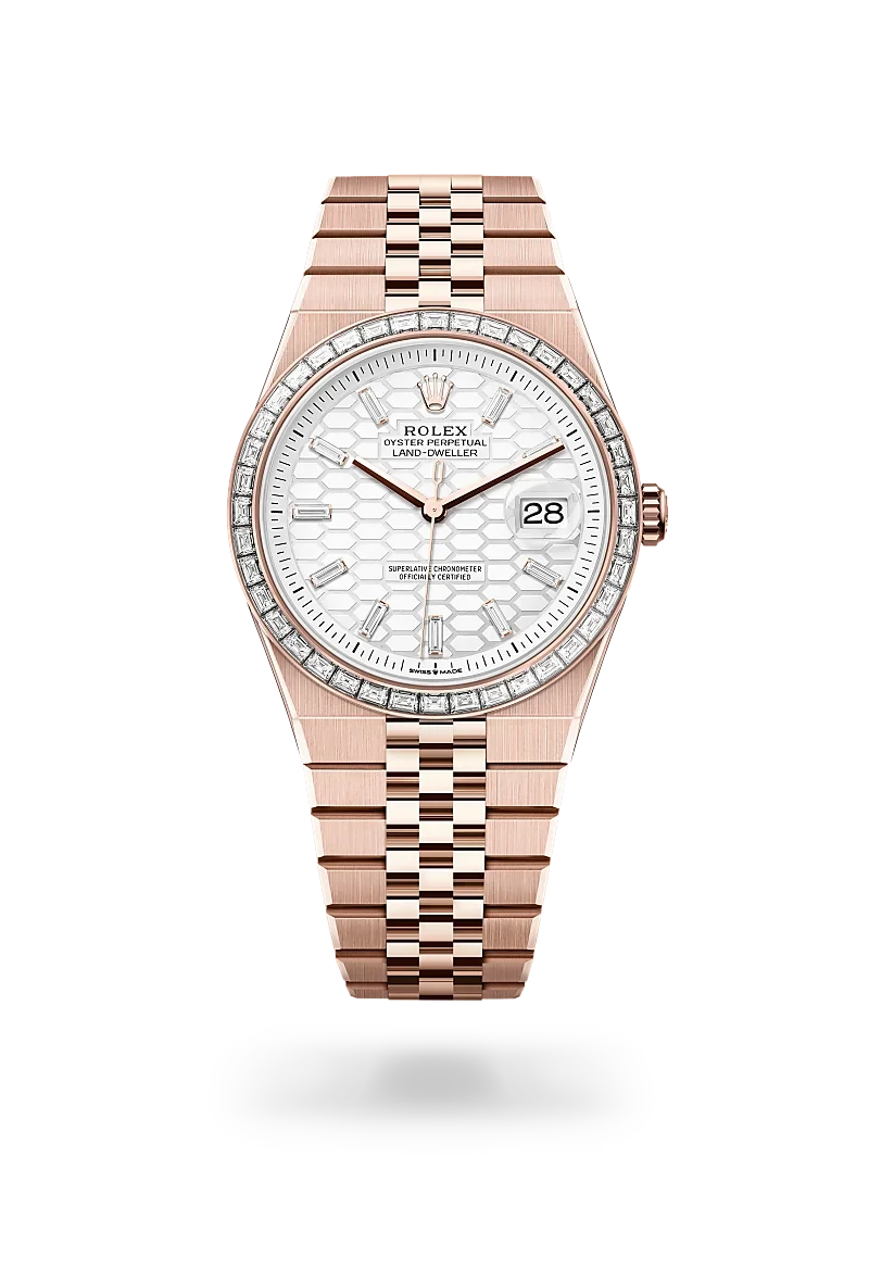 rolex land-dweller in 18 ct everose gold, M127385TBR-0003 - henne jewelers