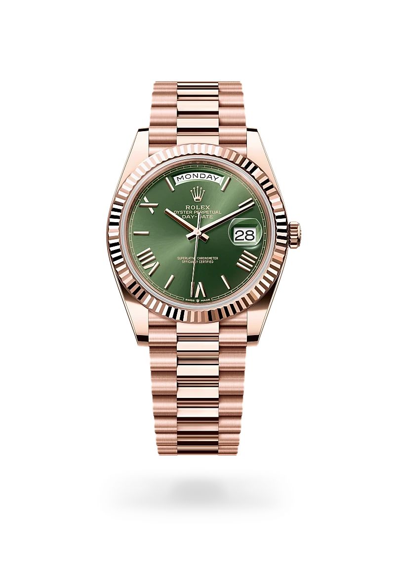 rolex day-date in 18 ct everose gold, M228235-0025 - henne jewelers