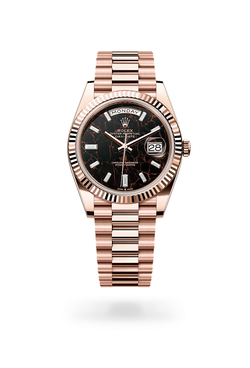 rolex day-date in 18 ct everose gold, M228235-0045 - henne jewelers