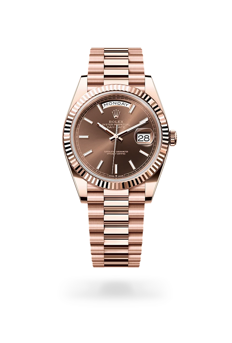 rolex day-date in 18 ct everose gold, M228235-0053 - henne jewelers