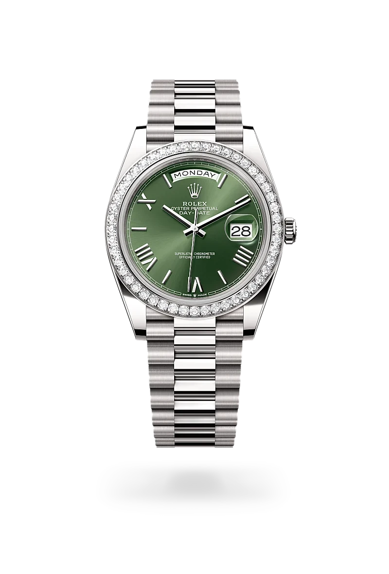 rolex day-date in 18 ct white gold, M228349RBR-0030 - henne jewelers