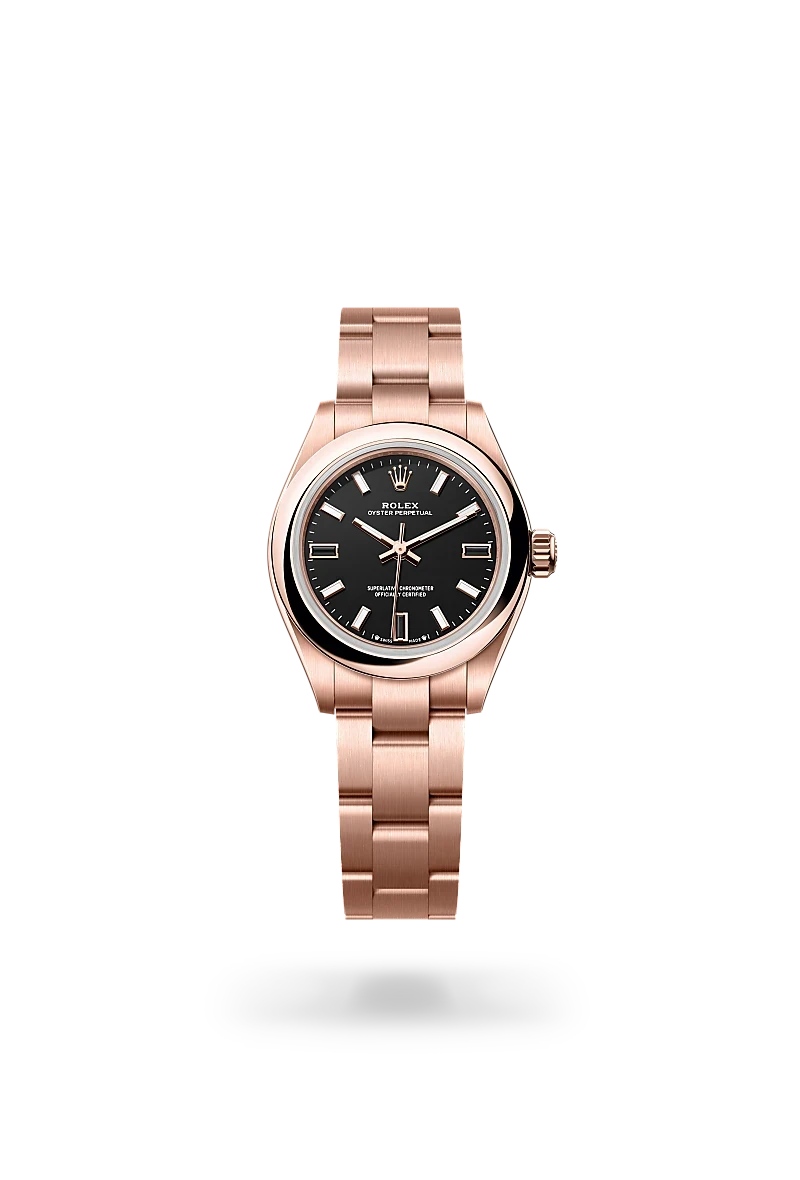 rolex oyster perpetual in 18 ct everose gold, M276205-0001 - henne jewelers