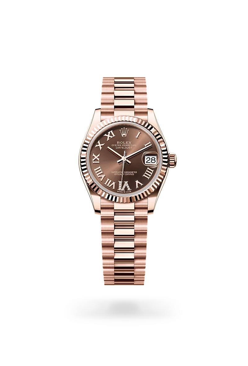 rolex datejust in 18 ct everose gold, M278275-0025 - henne jewelers