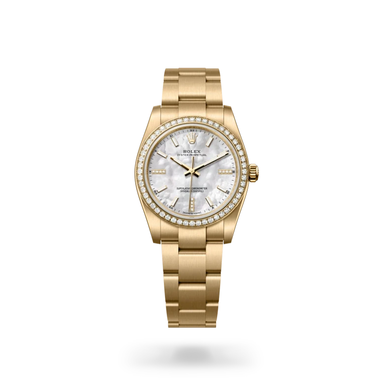 rolex oyster perpetual in 18 ct yellow gold, M124248RBR-0001 - henne jewelers