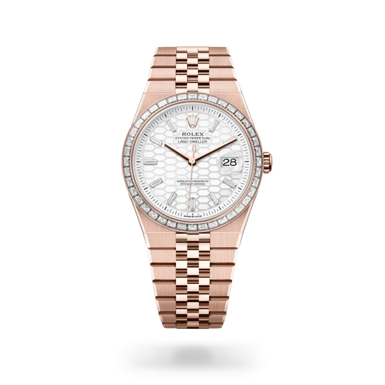rolex land-dweller in 18 ct everose gold, M127385TBR-0003 - henne jewelers