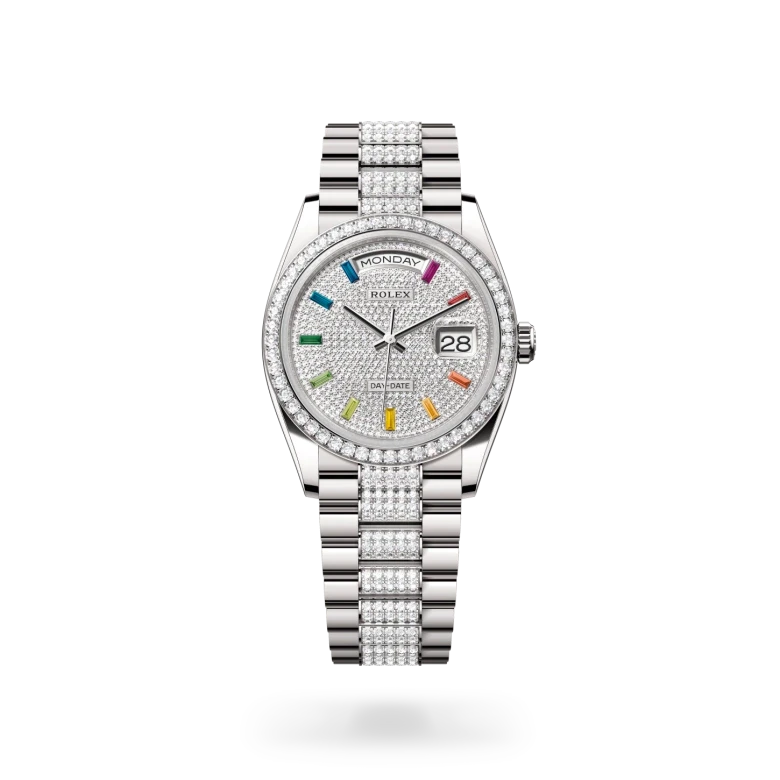 rolex day-date in 18 ct white gold, M128349RBR-0012 - henne jewelers