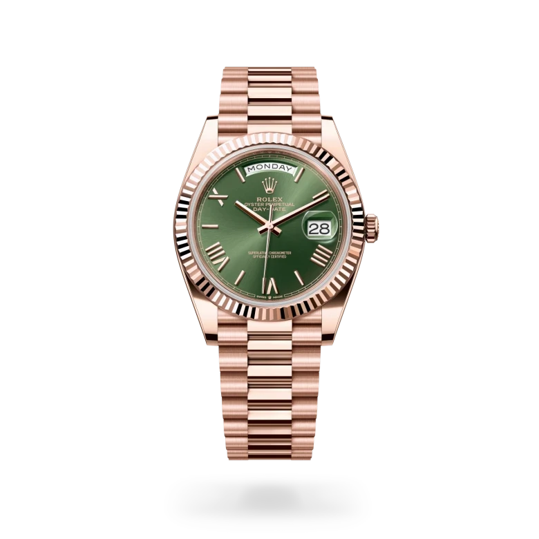 rolex day-date in 18 ct everose gold, M228235-0025 - henne jewelers