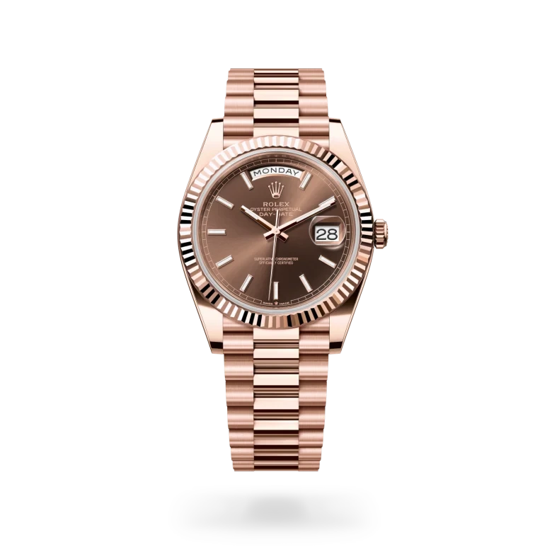 rolex day-date in 18 ct everose gold, M228235-0053 - henne jewelers