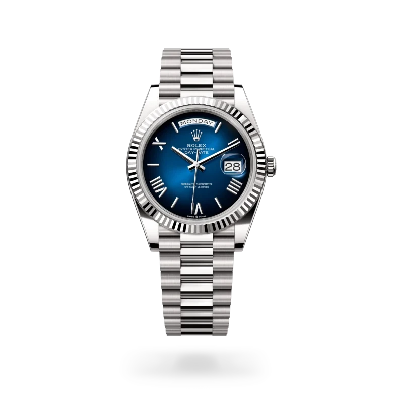 rolex day-date in 18 ct white gold, M228239-0076 - henne jewelers