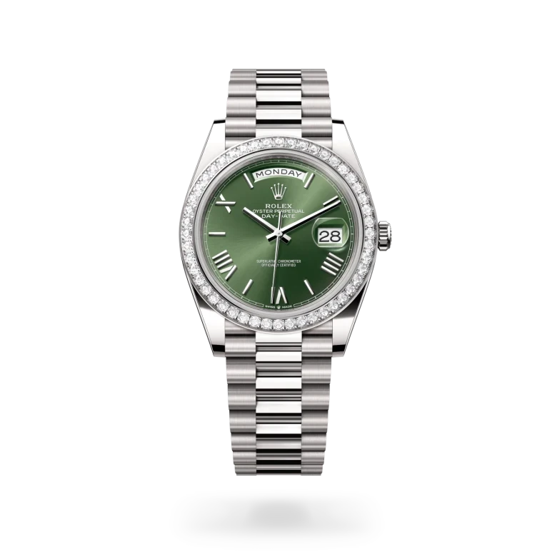 rolex day-date in 18 ct white gold, M228349RBR-0030 - henne jewelers